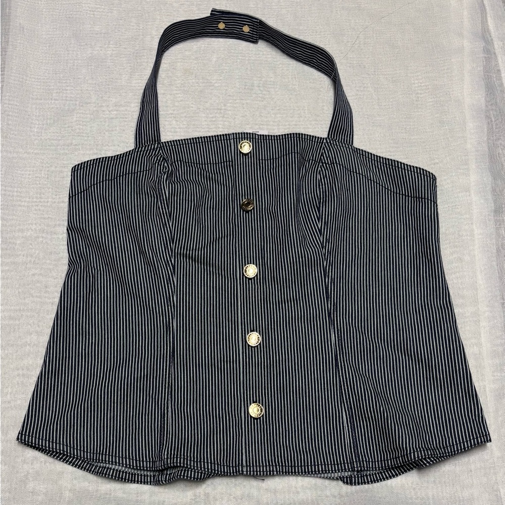 Express Navy and White Striped Halter Top with Gold Buttons